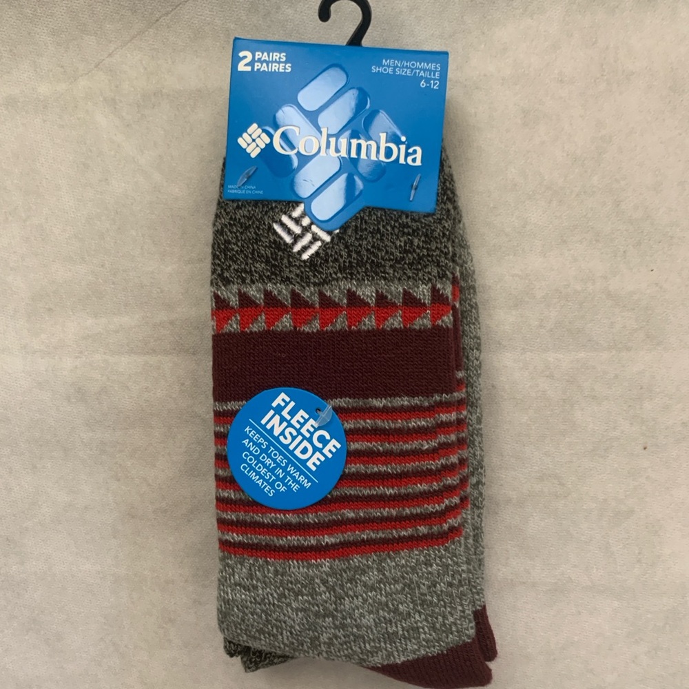 Columbia Men's Fleece Inside Thermal Crew Socks 2 Pack Charcoal Maroon 6-12 NWT